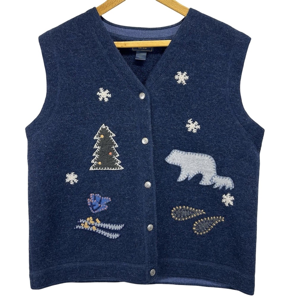 Woolrich Womens Navy Blue Vest Wool Christmas Tree Snowman Snowflake Applique XL